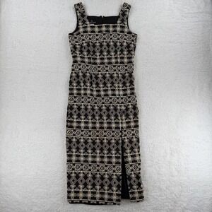 Carole Little Dress Womens Size 10 Black Linen Embroidered Sheath Midi Made USA